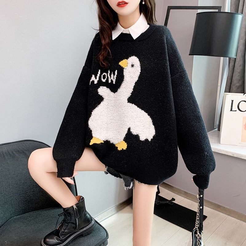 Women's Embroidered Duck Flocking Oversized Sweater