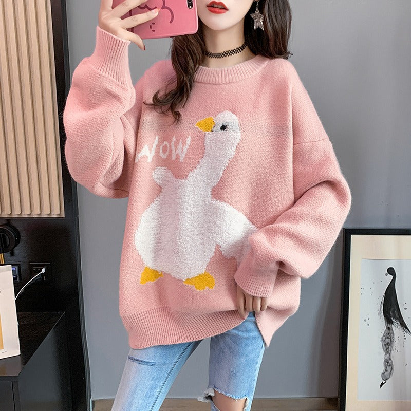 Women's Embroidered Duck Flocking Oversized Sweater