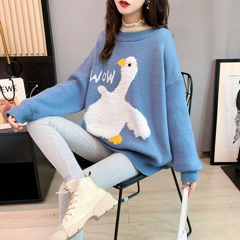 Women's Embroidered Duck Flocking Oversized Sweater