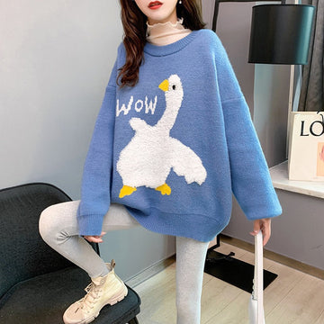 Women's Embroidered Duck Flocking Oversized Sweater