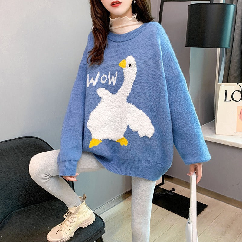 Women's Embroidered Duck Flocking Oversized Sweater