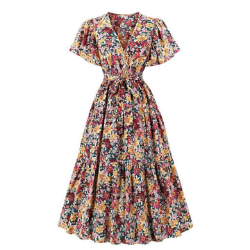 Vintage V Neck Little Flowers Short Sleeves Long Dress-Vintage Dresses-The same as picture-S-Free Shipping at meselling99