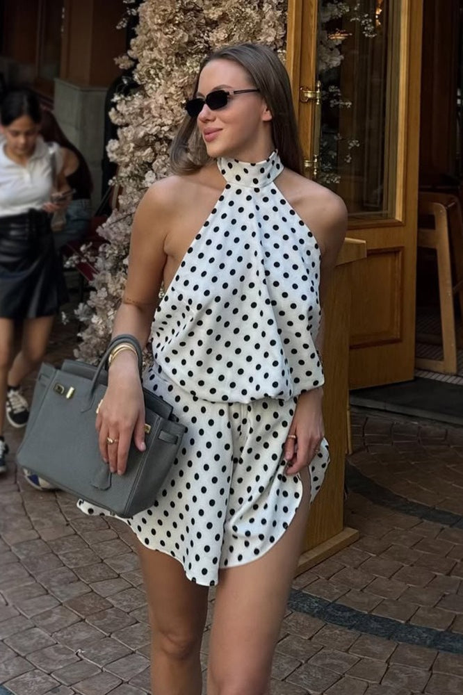 Sexy Polka Dot Halter Backless Tie Mini Dress