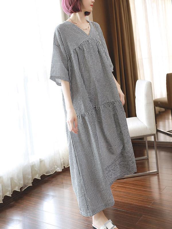 Meselling99 Original Black&White Plaid V-Neck Dress-Maxi Dress-BLACK&WHITE PLAID-FREE SIZE-Free Shipping at meselling99