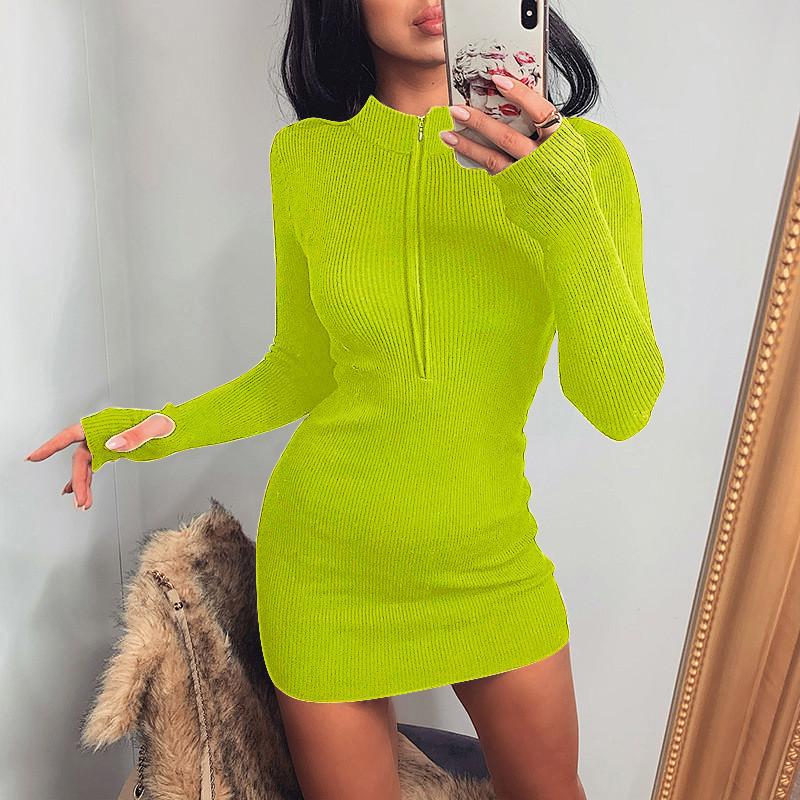 Plus Sizes Long Sleeves Women Zipper Sheath Mini Dresses-Sexy Dresses-Light Green-S-Free Shipping at meselling99