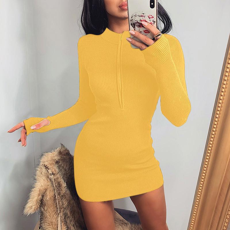 Plus Sizes Long Sleeves Women Zipper Sheath Mini Dresses-Sexy Dresses-Yellow-S-Free Shipping at meselling99