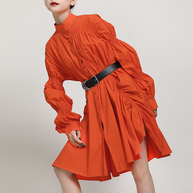 Fashion-Forward Asymmetrical Ruffle Lantern Sleeve Flared Shirt Dress