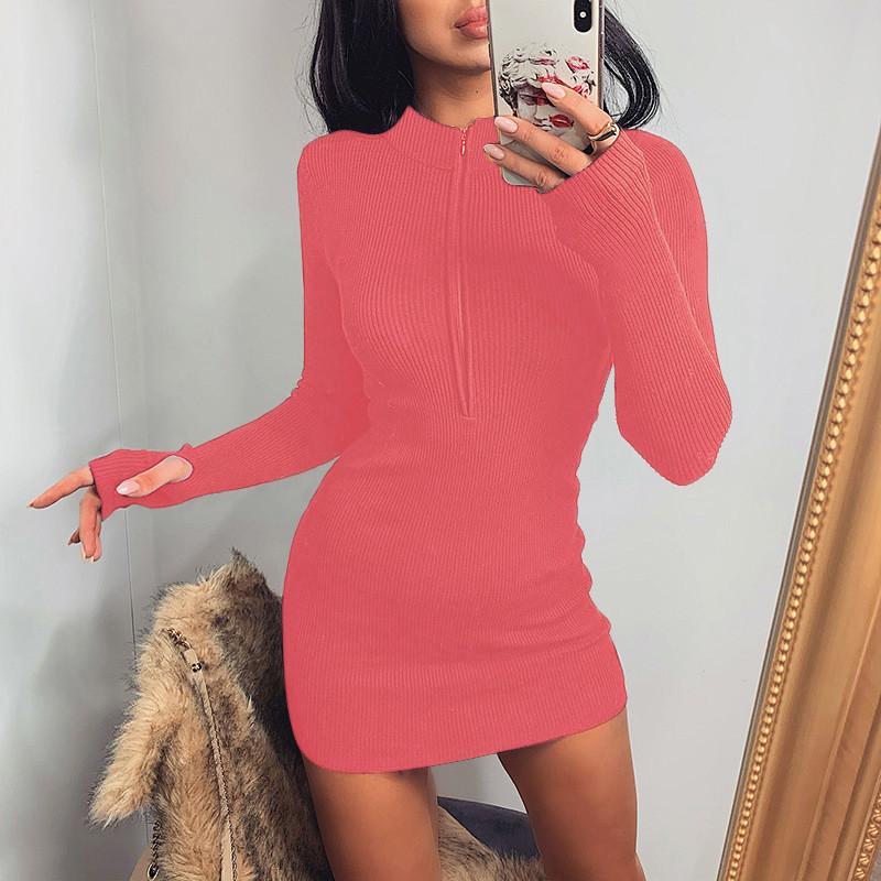 Plus Sizes Long Sleeves Women Zipper Sheath Mini Dresses-Sexy Dresses-Watermelon-S-Free Shipping at meselling99