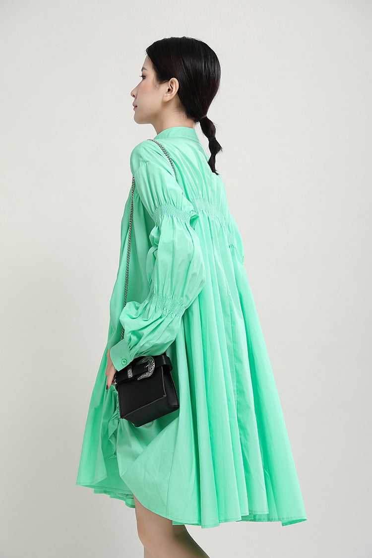Fashion-Forward Asymmetrical Ruffle Lantern Sleeve Flared Shirt Dress