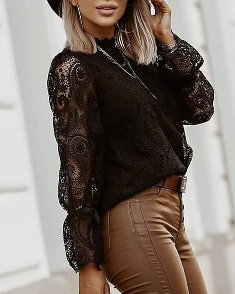 Fulfilled Heart Statement Sleeve Lace Blouse - Black