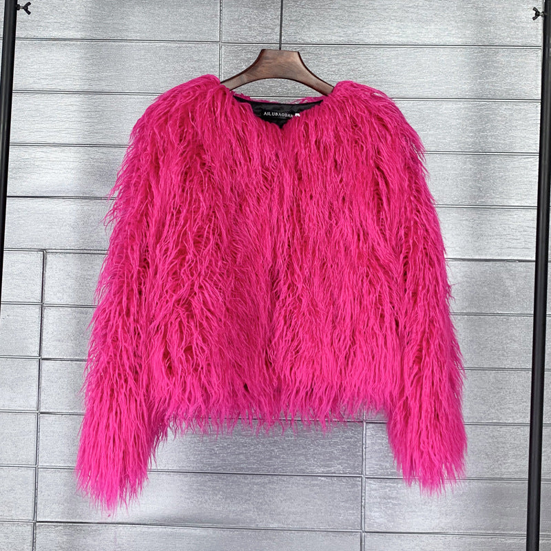 Faux Fur Cropped Wool Blend Jacket for Women