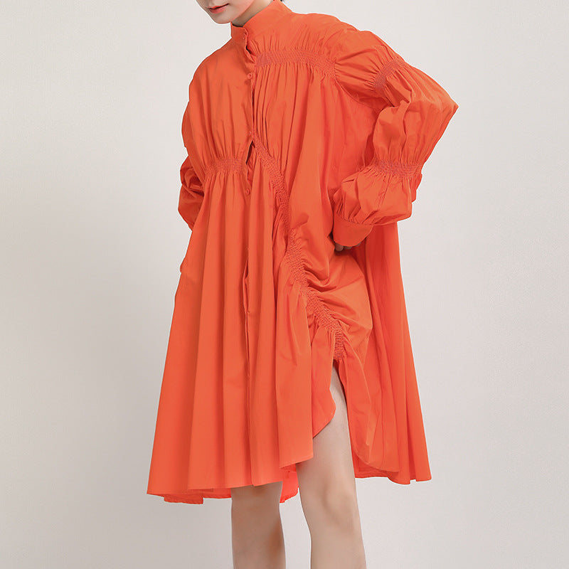 Fashion-Forward Asymmetrical Ruffle Lantern Sleeve Flared Shirt Dress