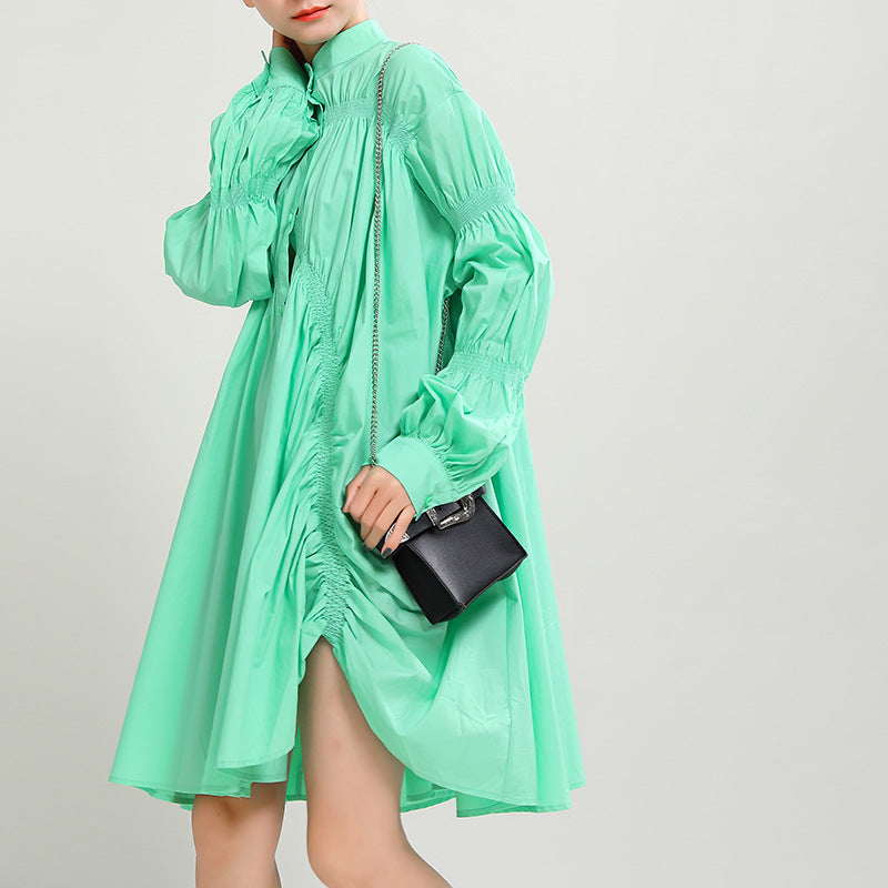 Fashion-Forward Asymmetrical Ruffle Lantern Sleeve Flared Shirt Dress
