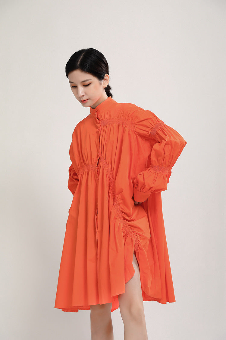 Fashion-Forward Asymmetrical Ruffle Lantern Sleeve Flared Shirt Dress