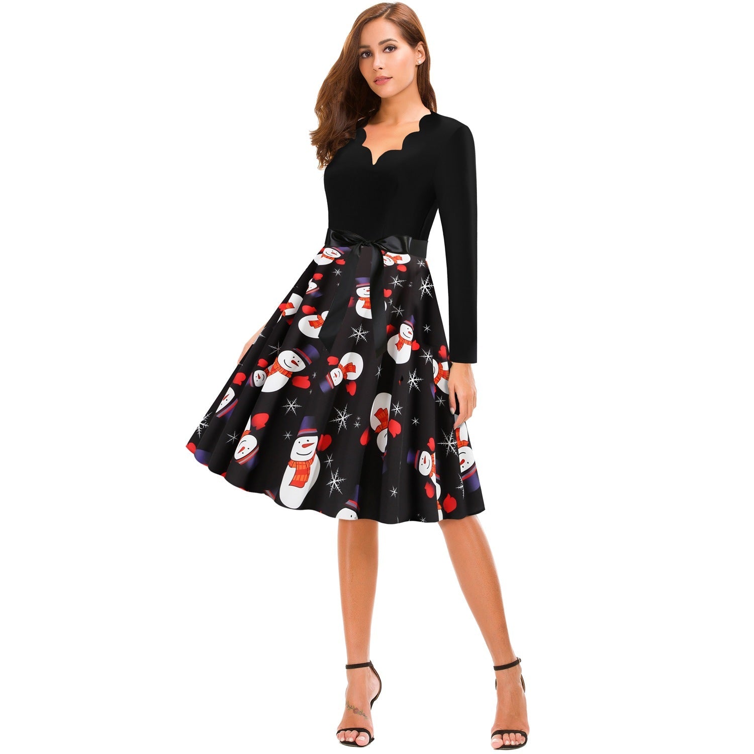 Women Vintage Christmas Snowmen Slim Waist Dresses-Vintage Dresses-Free Shipping at meselling99