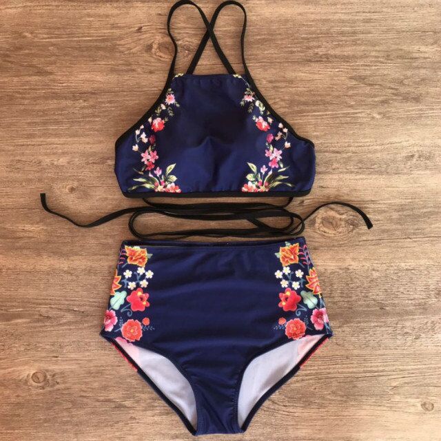 Sexy Blue High Waist Two Pieces Swimsuits