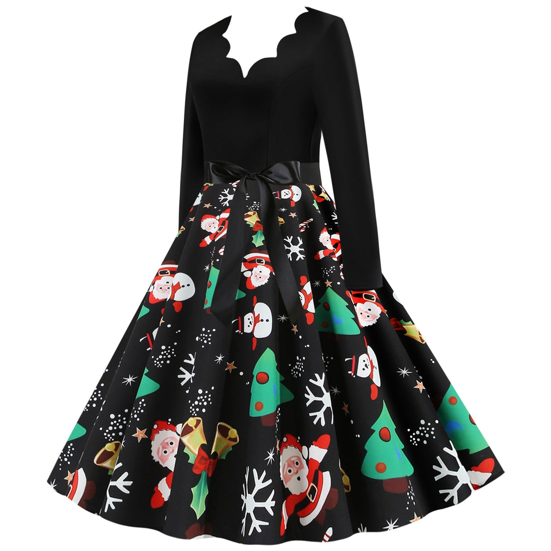 Christmas V Neck Long Sleeves Winter Women Dresses-Vintage Dresses-Black-S-Free Shipping at meselling99