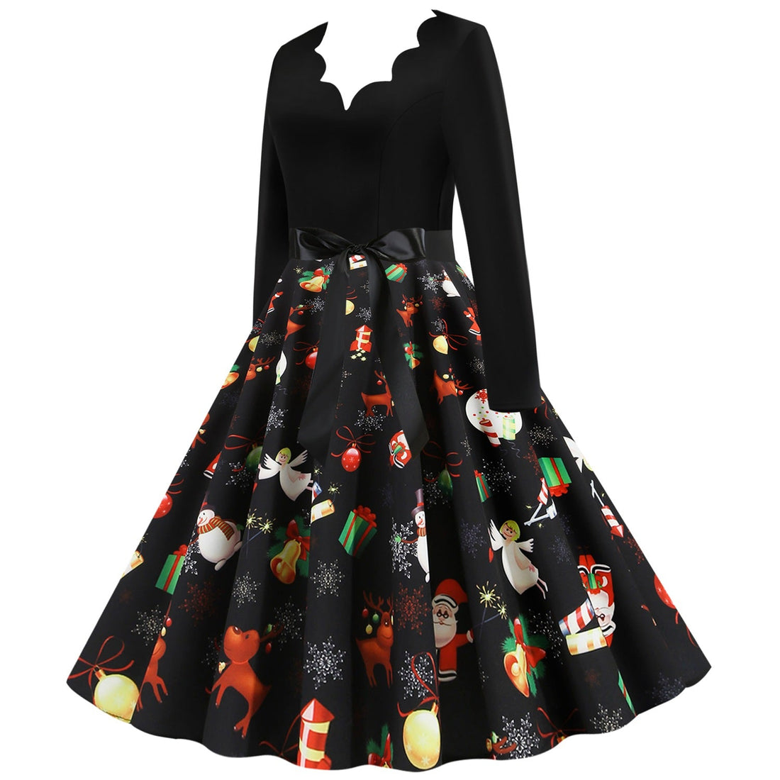 Women Long Sleeves V Neck Christmas Winter Dresses-Vintage Dresses-Black-S-Free Shipping at meselling99