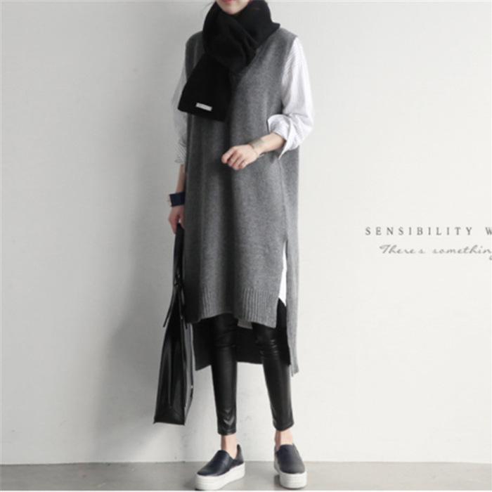 Casual Knitted V Neck Long Vest Dresses for Women-Dresses-Gray-One Size-Free Shipping at meselling99