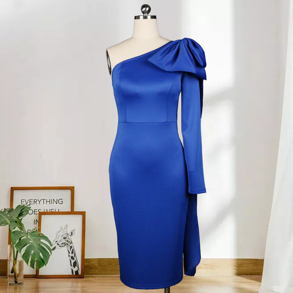 Sexy Backless Bow Design One Shoulder Women Party Dresses-Dresses-Blue-S-Free Shipping at meselling99