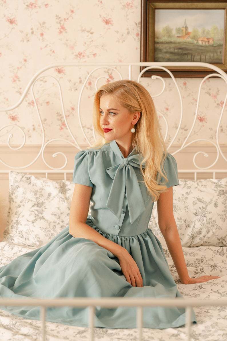 Classy Vintage A Line Women Dresses with Neck Bow-Dresses-Free Shipping at meselling99