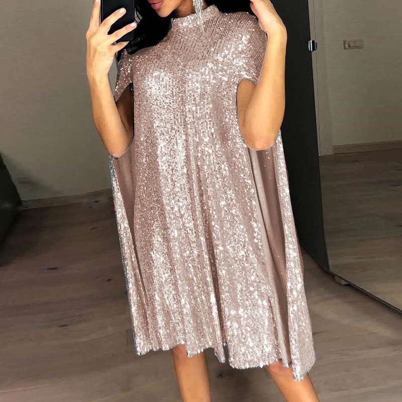 Sexy Stand Collar Sequined Party Dresses-Dresses-Pink-S-Free Shipping at meselling99