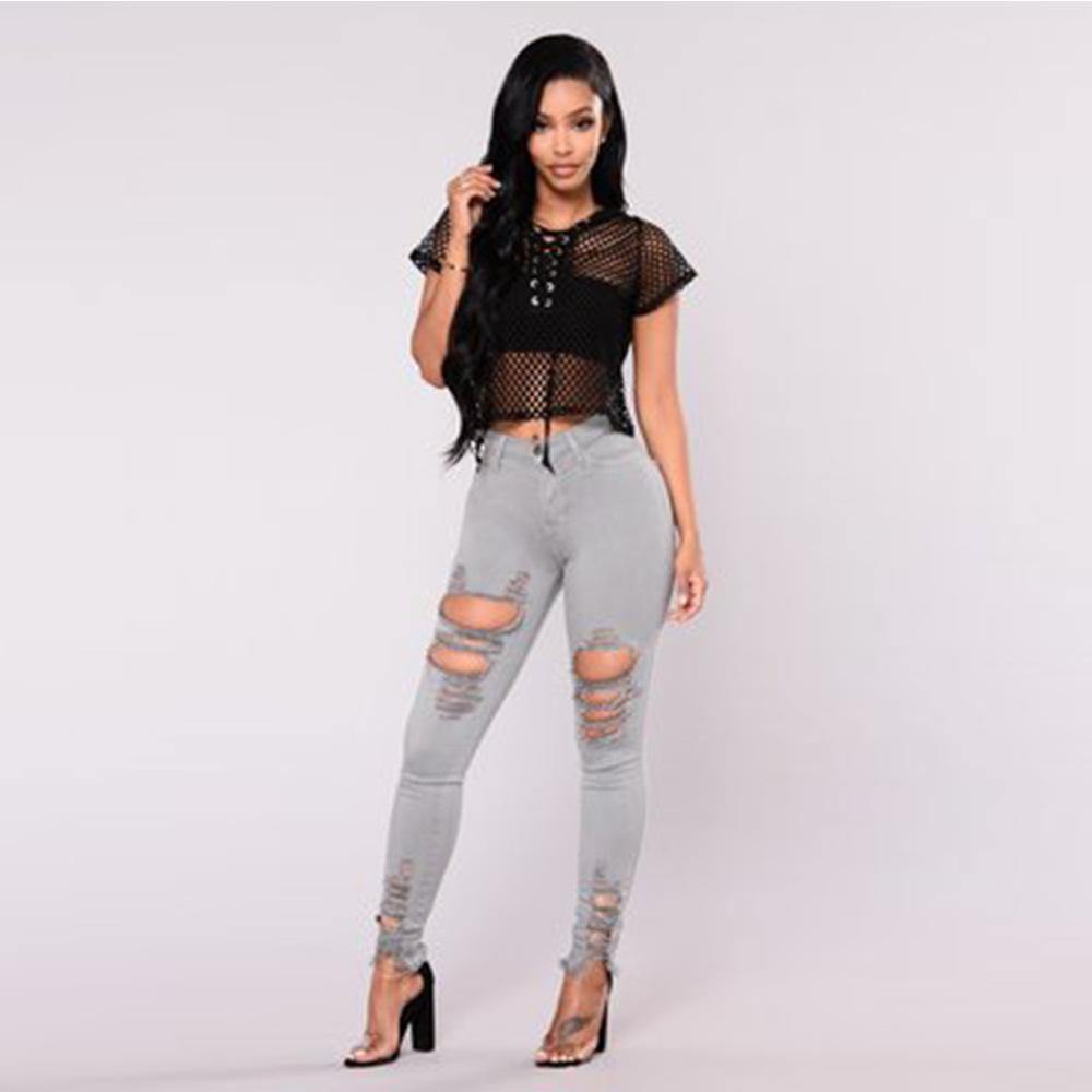 Women Sheath Elastic Broken-holes Jeans-STYLEGOING