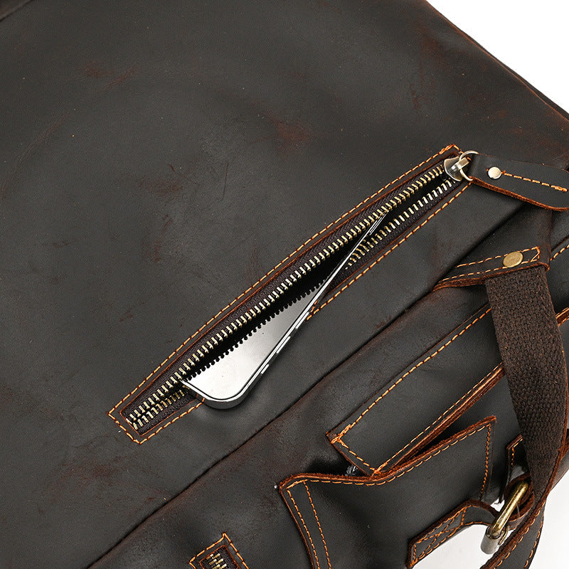 Retro Crazy Horse Leather Backpack – Large Capacity 16-Inch Cowhide Laptop & Travel Bag with Multi-Flap Pockets