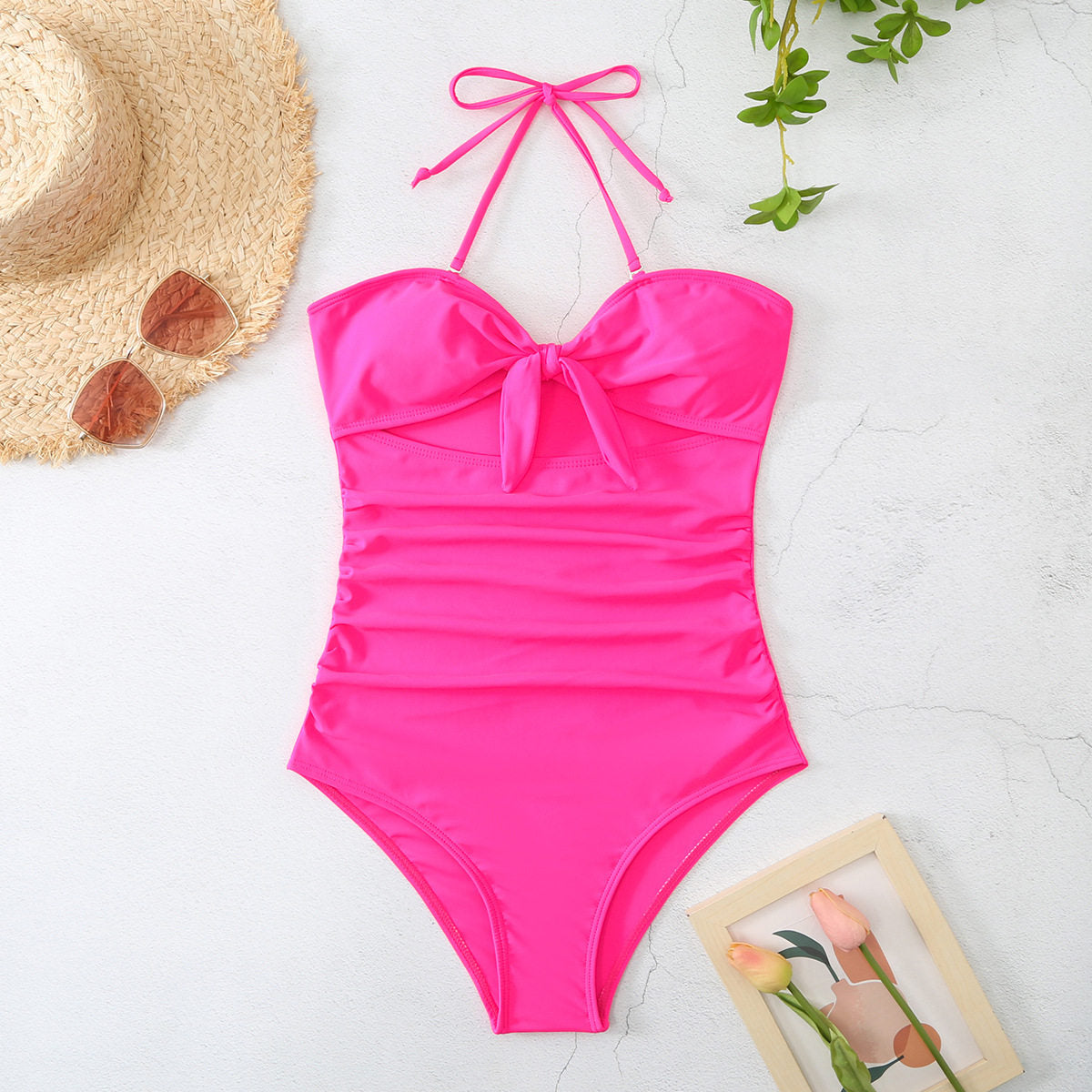 Women's Solid Color One-Piece Swimsuit With Front Knot