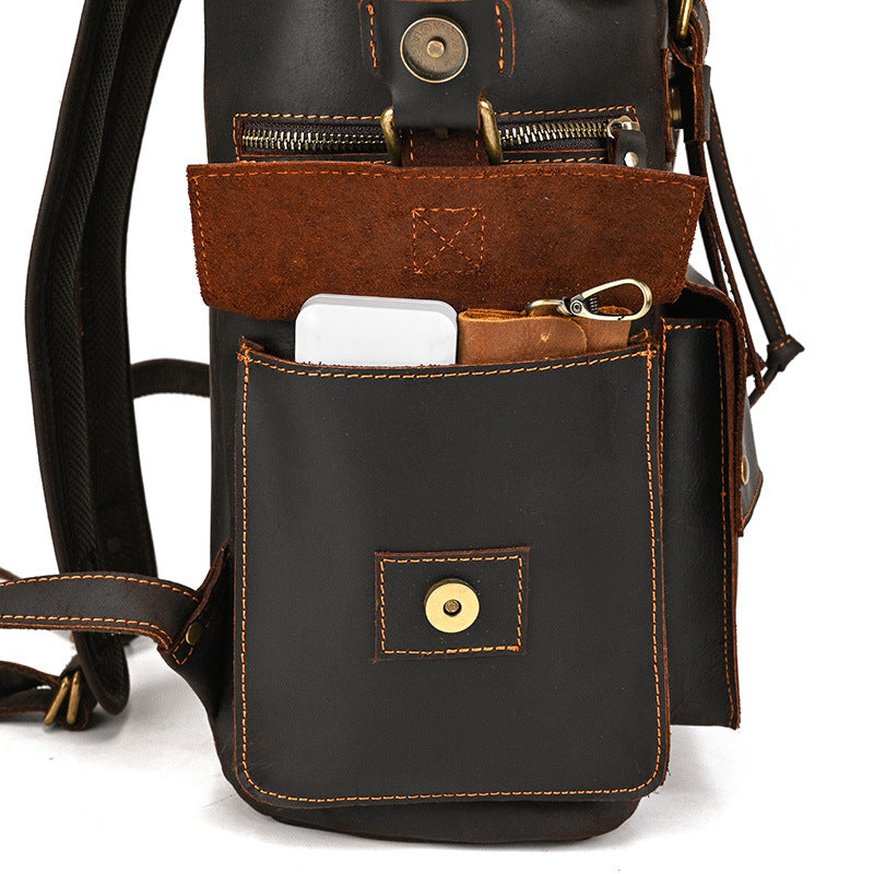 Retro Crazy Horse Leather Backpack – Large Capacity 16-Inch Cowhide Laptop & Travel Bag with Multi-Flap Pockets