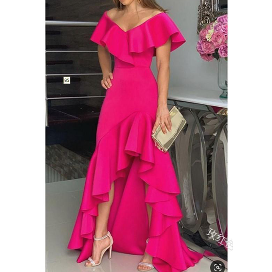 Sexy Classy V Neck Irregular Ruffled Women Long Dresses-Dresses-Free Shipping at meselling99