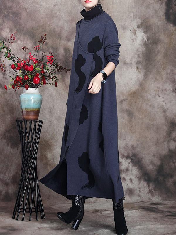 Simple Split-Joint High-Neck Knitting Dress-Midi Dress-Free Shipping at meselling99