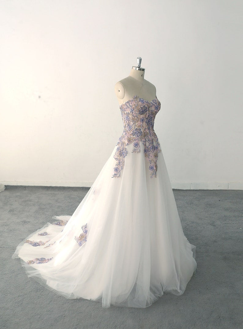 Romantic Purple A-line Wedding Dress Colorful Lace Wedding Dresses