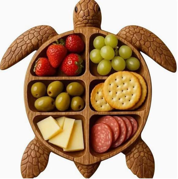 Turtle-Shaped Pine Wood Fruit Bowl & Snack Tray