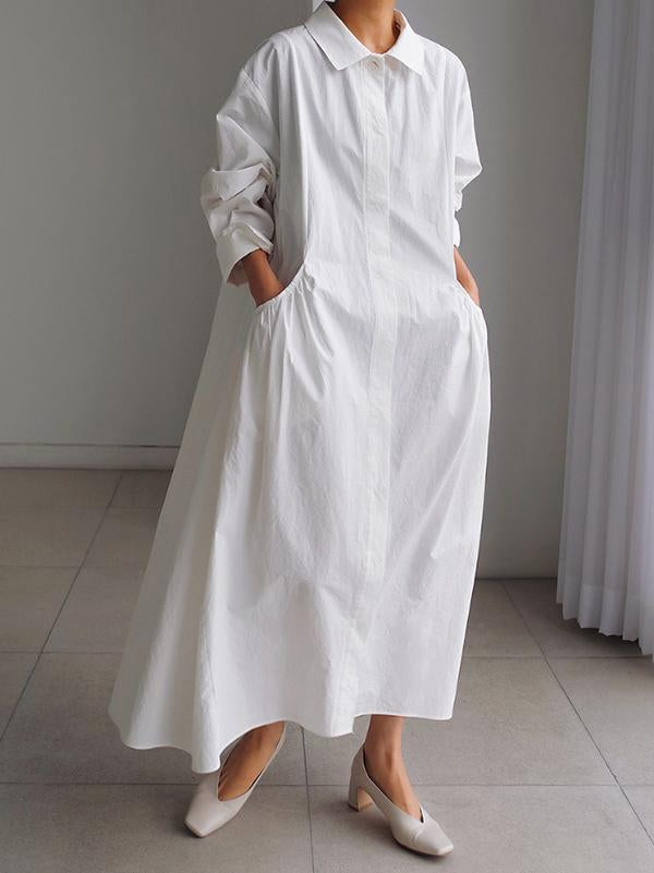 Meselling99 Urban White Lapel Long Shirt Dress-Maxi Dress-Free Shipping at meselling99