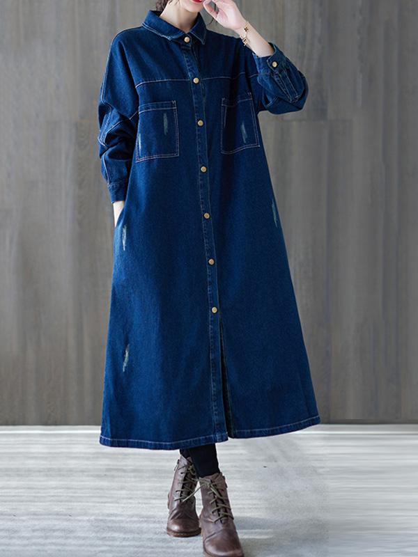 Original Denim Lapel Shirt Dress-Midi Dress-Free Shipping at meselling99