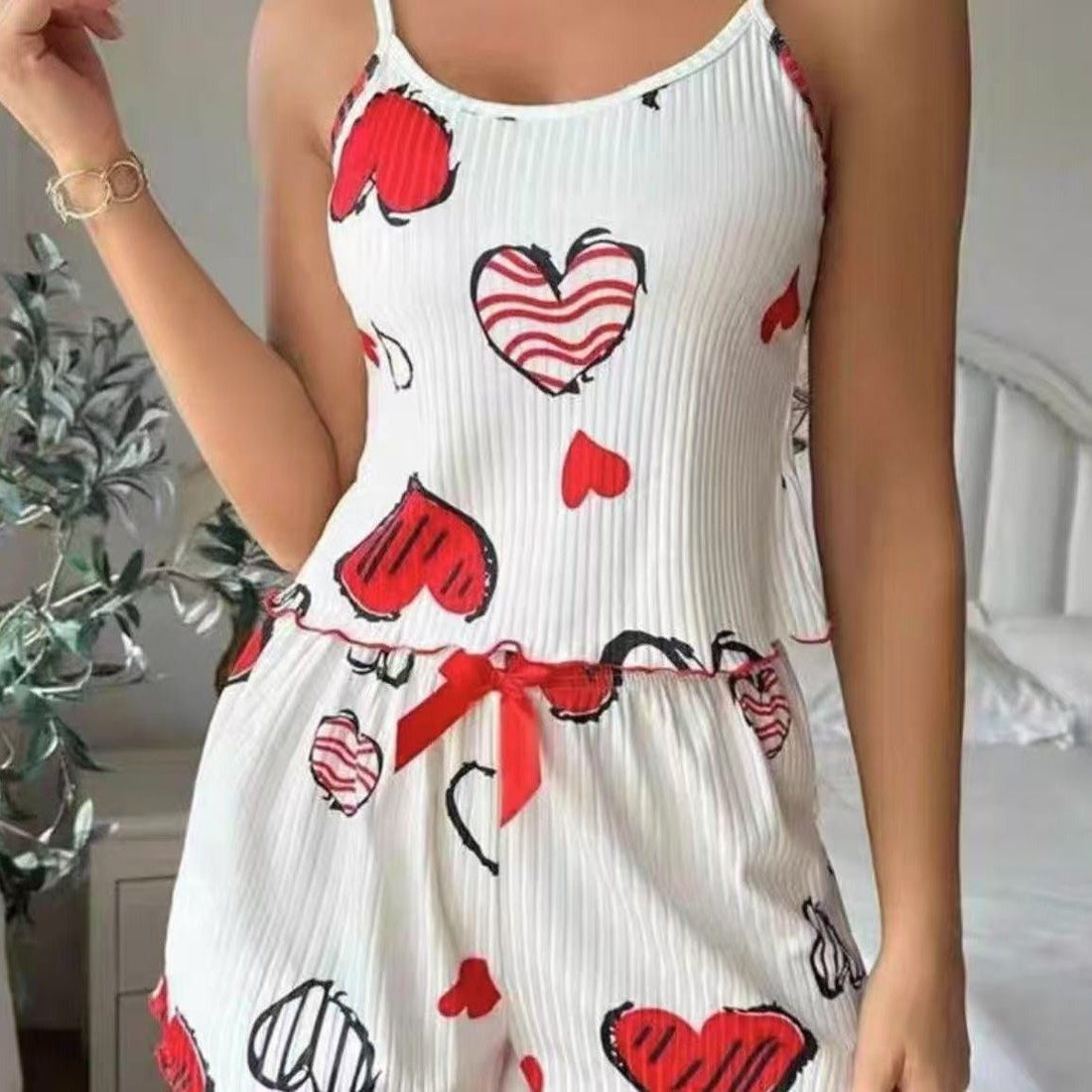 Summer Women's Pajama Set: Ribbed Heart Print Tank Top And Shorts