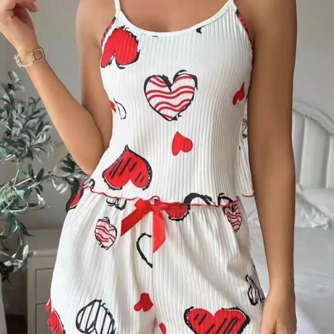Summer Women's Pajama Set: Ribbed Heart Print Tank Top And Shorts