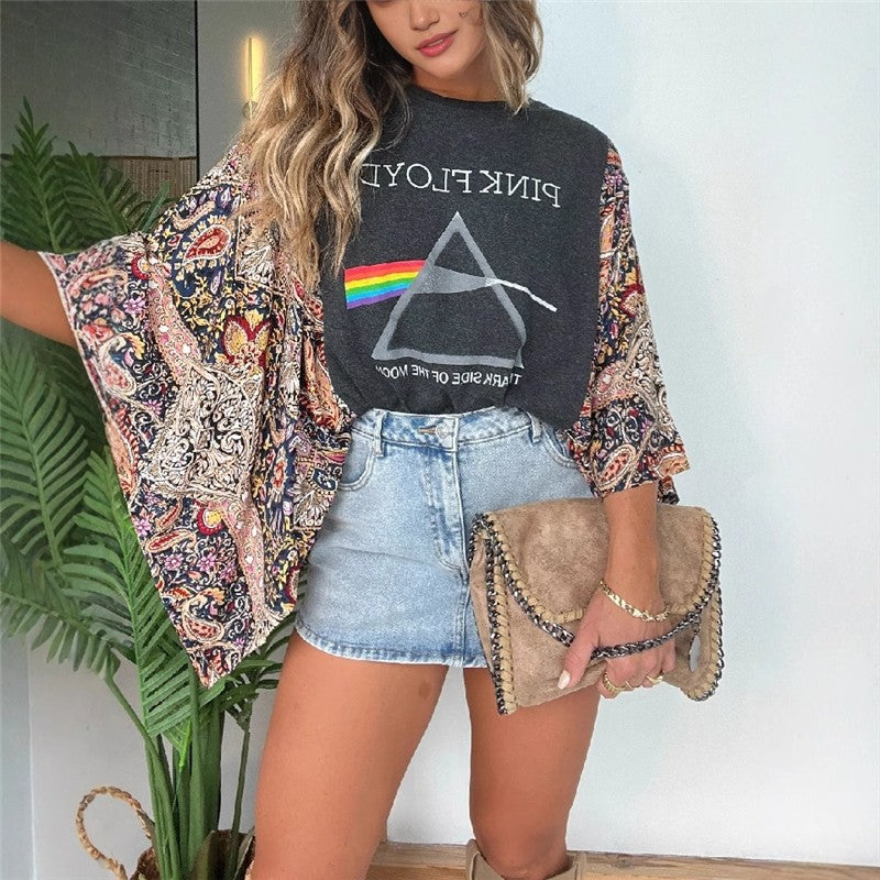 Printed Batwing Sleeve Loose Top