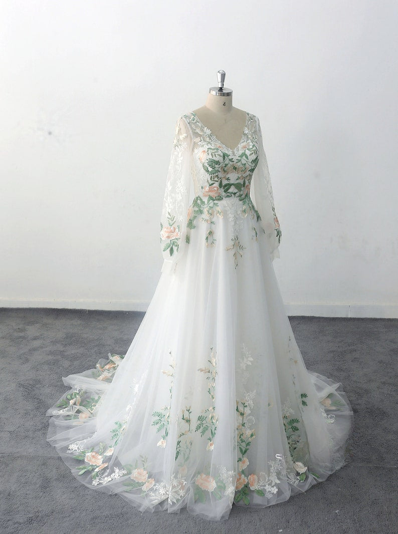 Puff Sleeve Wedding Dress Forest Fairy Green Lace Wedding Dresses