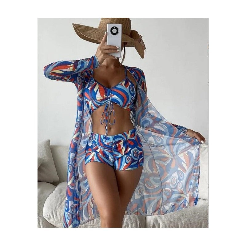 High Waist Long Sleeve Bikini Set With Cover Up And Drawstring Bottoms