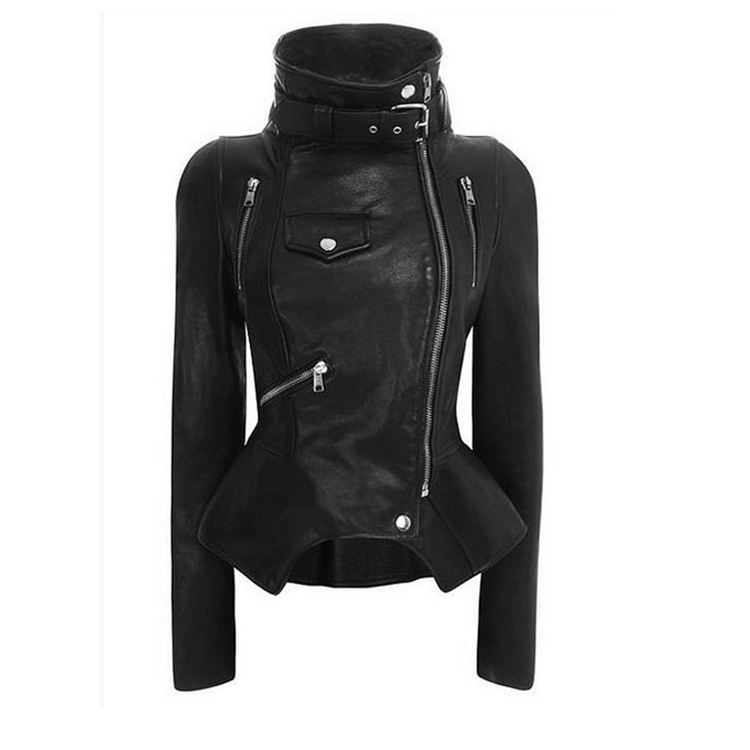 Women High Neck Zipper Short Black PU Leather Jacket