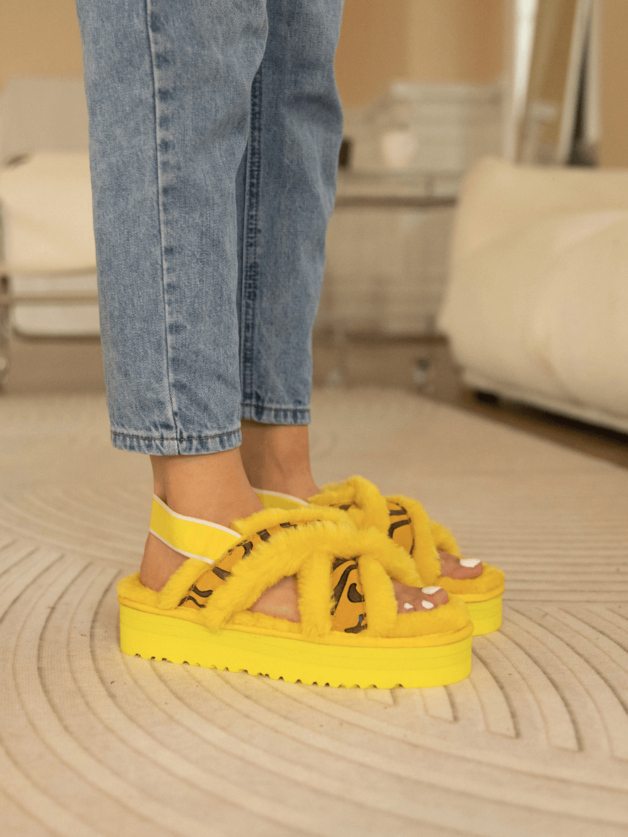 Roar Wool Lined Criss-Cross Strap Slipper - Yellow