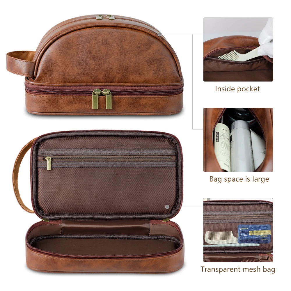 Men's Leather Waterproof Toiletry Bag - Large Capacity Storage Cosmetic Case