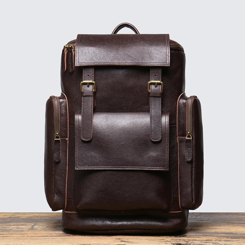 Cowhide Leather Backpack – High-Capacity Men’s Travel, Hiking & Laptop Satchel Bag