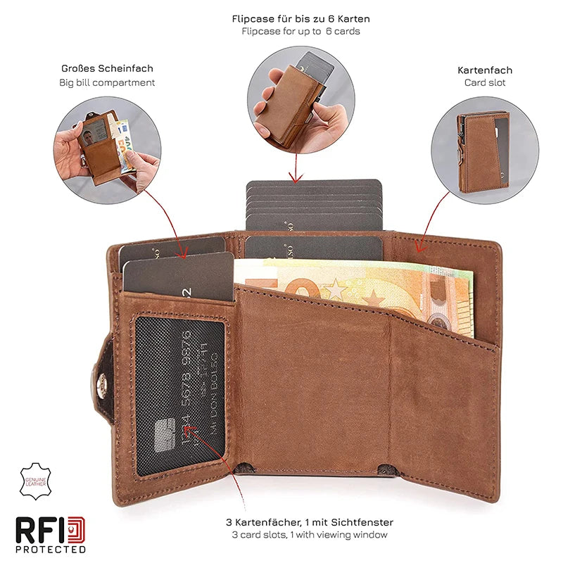 Pop-Up Leather Card Holder Wallet - Minimalist Bag Compartment For Notes