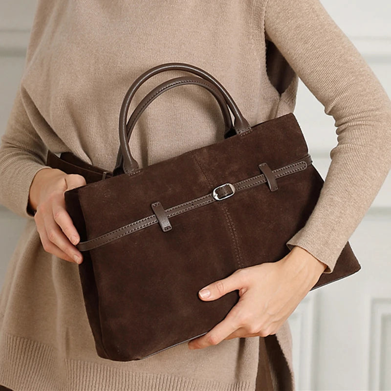 Suede Cowhide Genuine Leather Tote Handbags - Women Luxury Crossbody Bag