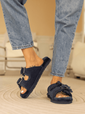 Woolen Lined Double Strap Suede Sandal - Navy