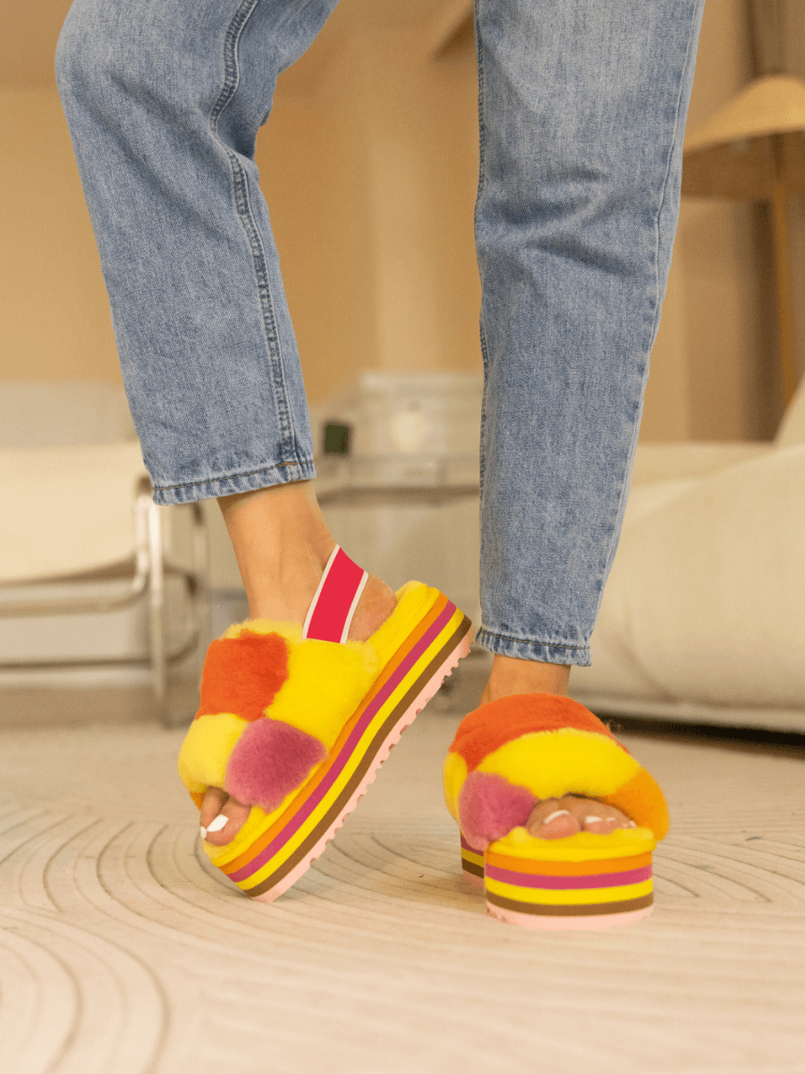 Harmony Contrast Woolen Platform Slipper - Yellow