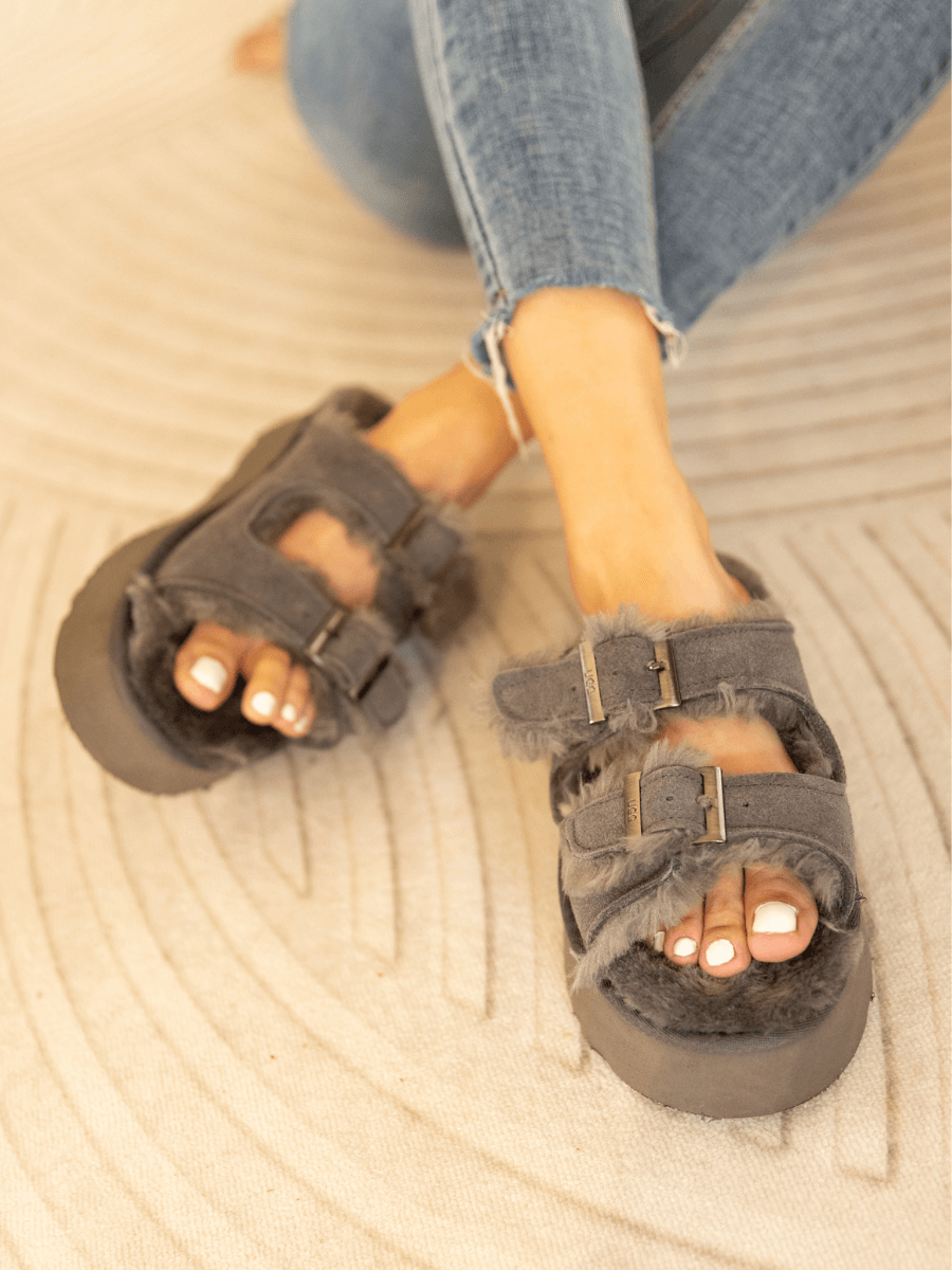 Woolen Suede Double Strap Platform Sandal - Grey